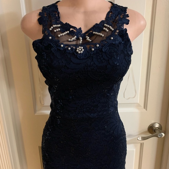 Women junior blue navy lace sequins halter bodycon mermaid maxi dress size (S) - Picture 6 of 13